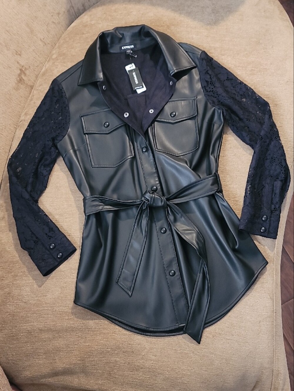 Express Leather & Lace Belted Shacket NWT